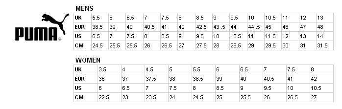 puma sneaker size chart